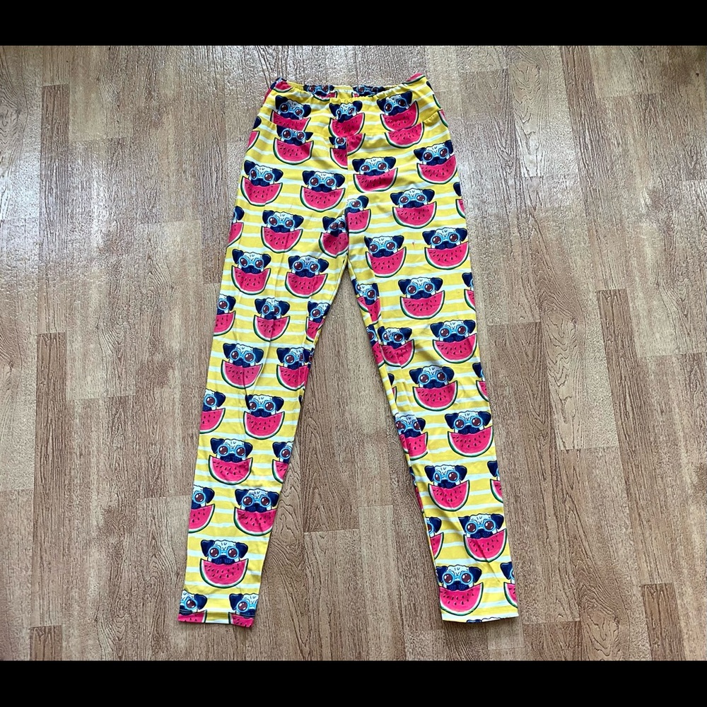 Fabulegs Pug Dogs & Watermelon Colorful Summer Leggings Size S